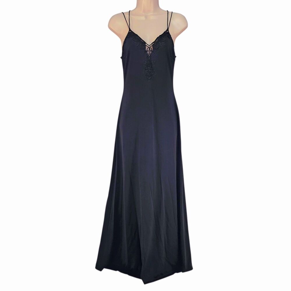 Vintage Black A-line Maxi Dress Lace Front Spaghetti Straps Approx. Size S
